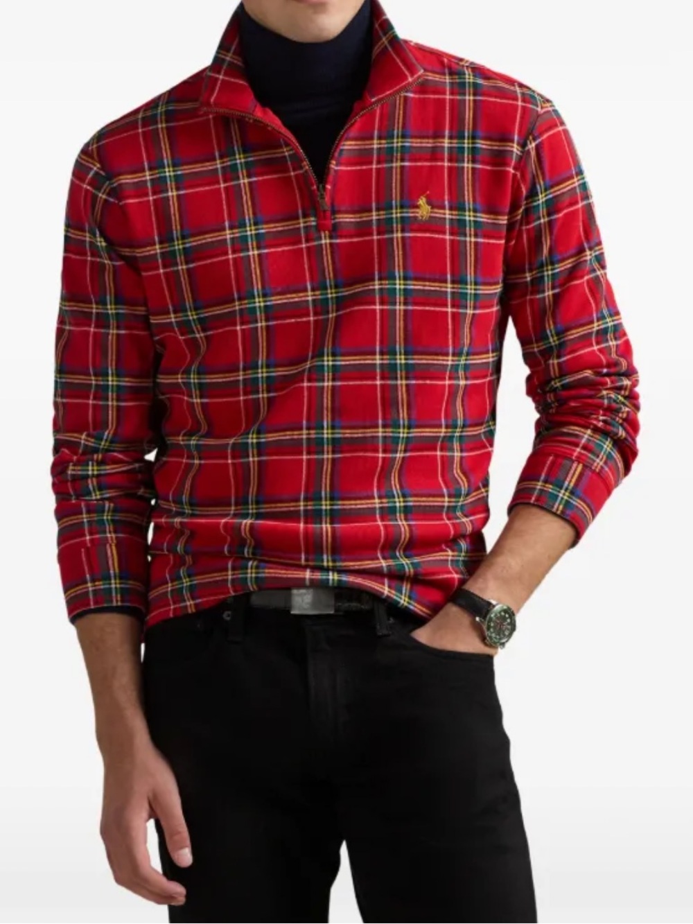 Polo by Ralph Lauren Red Plaid Quarter-Zip Pullover Festive size Small
